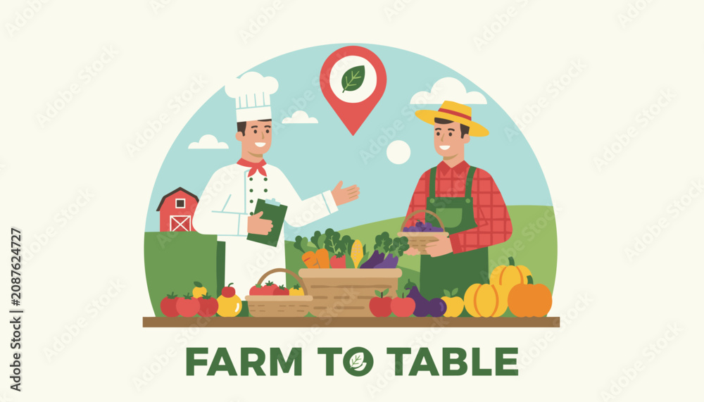 Fototapeta premium Farmer in a straw hat and a chef in uniform stand behind a table of fresh vegetables for farm to table concept.