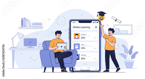 Two young men engaged in digital online learning via smartphone application.