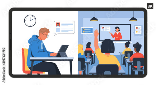 A student attending an online class while remote learning.