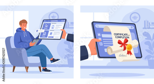 Person completing online certification course and receiving digital diploma.