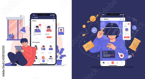 Modern mobile application interface design showing social networking and virtual reality user experiences.