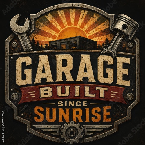 Vintage Garage Workshop Sign with Tools and Sunrise Industrial Retro Style