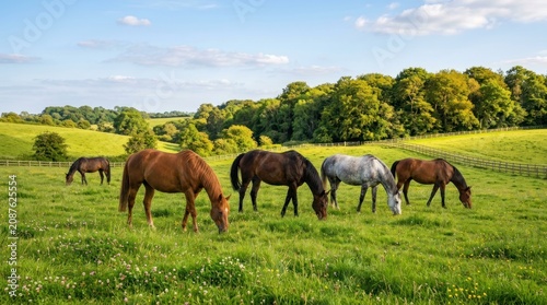 Horses grazing in green pasture field.