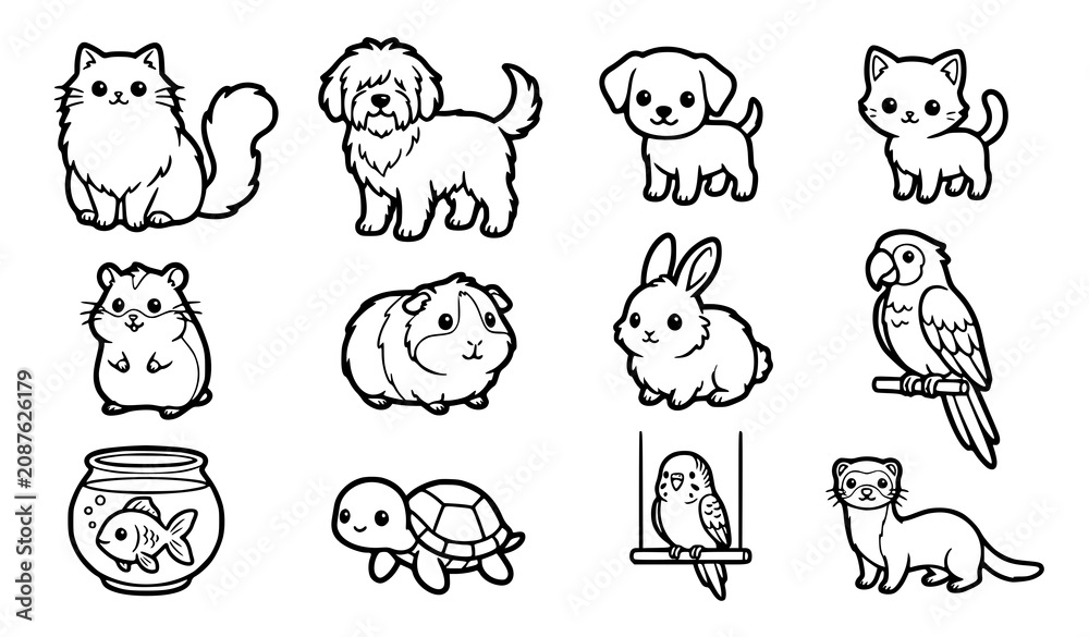 Obraz premium Cute Pet Animal Collection Featuring Cat Dog Rabbit Hamster Turtle Bird and Fish Vector