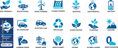 Foto Renewable energy and sustainability icons set for ecology conservation and green power solutions with solar wind hydroelectric