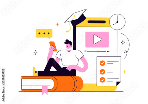 Online Course Vector Illustration Featuring E Learning Platform, Virtual Education, Video Lessons, Digital Distance Learning, And Online Training