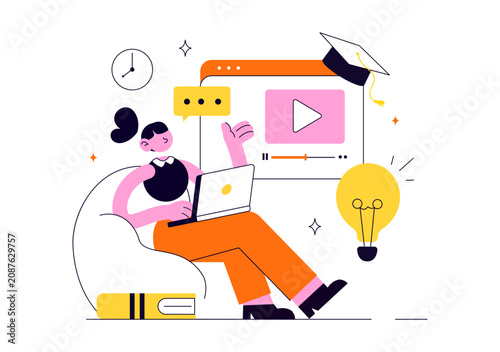 Online Course Vector Illustration Featuring E Learning Platform, Virtual Education, Video Lessons, Digital Distance Learning, And Online Training