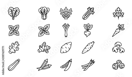 Canvastavla Hand Drawn Vegetable Outline Icon Set Featuring Leafy Greens, Carrot, Corn, Cucu