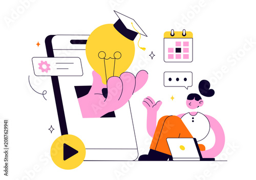 Online Course Vector Illustration Featuring E Learning Platform, Virtual Education, Video Lessons, Digital Distance Learning, And Online Training