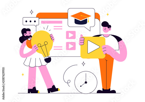Online Course Vector Illustration Featuring E Learning Platform, Virtual Education, Video Lessons, Digital Distance Learning, And Online Training