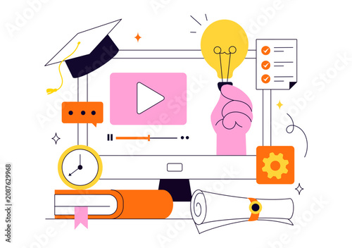Online Course Vector Illustration Featuring E Learning Platform, Virtual Education, Video Lessons, Digital Distance Learning, And Online Training