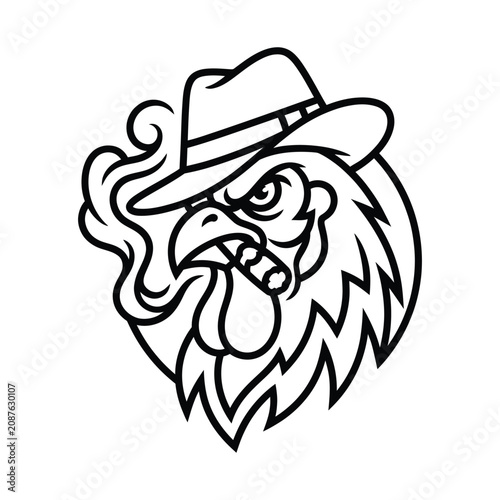 Tough mafia rooster mascot logo wearing fedora smoking cigar with gangster illustration aggressive