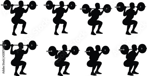 Φωτογραφία Barbell squat exercise stages, fitness silhouette set, proper squat form, streng