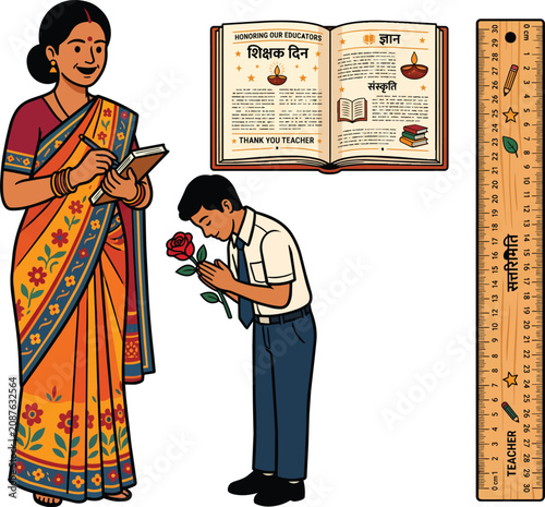 Indian Teacher's Day illustration featuring a female educator in a traditional saree and a respectful male student with a flower gift