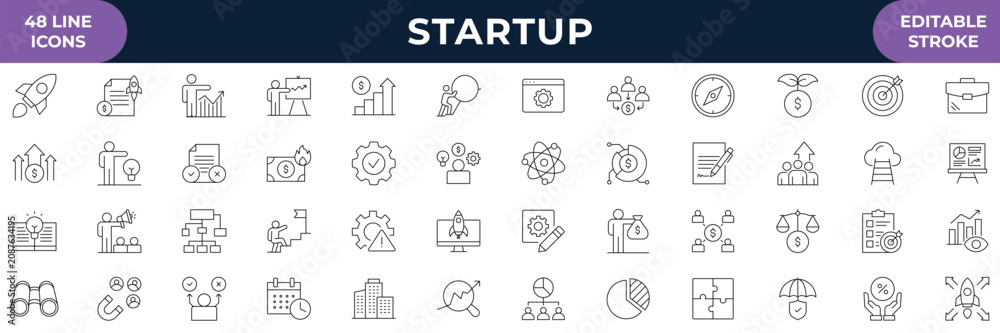 Fototapeta premium Startup web icons in line style. Business, Creative, idea, marketing, target, development, and more. Outline Icon Collection. Editable stroke. Vector illustration. 