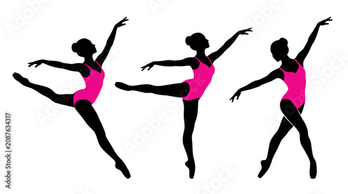 Bild auf Leinwand Three Elegant Ballet Dancers Performing Graceful Poses in Pink Leotards
