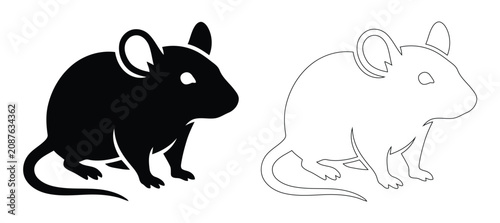 Foto Little Mouse Sitting Side Profile Silhouette and Outline Vector Set, Cute Rodent