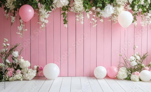 Beautiful floral garland and balloon arrangement on pink wood panels. Romantic wedding or bridal shower background with delicate pastel colors