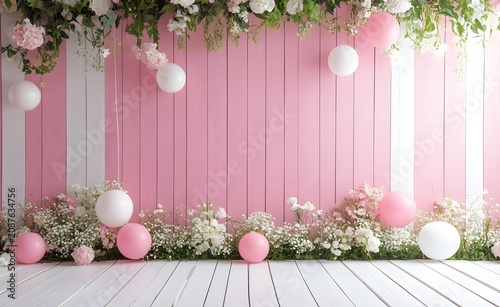 Elegant birthday photo zone backdrop with pink and white decorations. Charming baby shower party decoration backdrop with balloons and blossoms