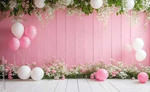 Elegant birthday photo zone backdrop with pink and white decorations. 