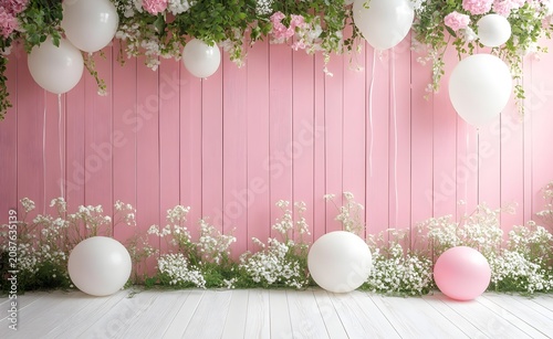 Festive pink wooden wall background decorated with balloons and flowers. Beautiful floral garland and balloon arrangement on pink wood panels