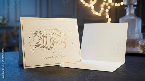Open greeting card with gold foil 2027 happy new year text on a dark table with blurred warm fairy lights background