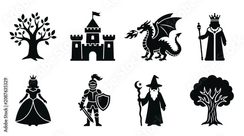 Obraz na płótnie Illustrative Icons Representing Medieval Legends and Fairy Tale Concepts Set