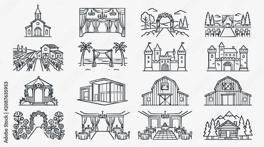 Obraz premium Clean Black and White Line Art Illustrations of Wedding Venues and Themed Locations for Event Planning