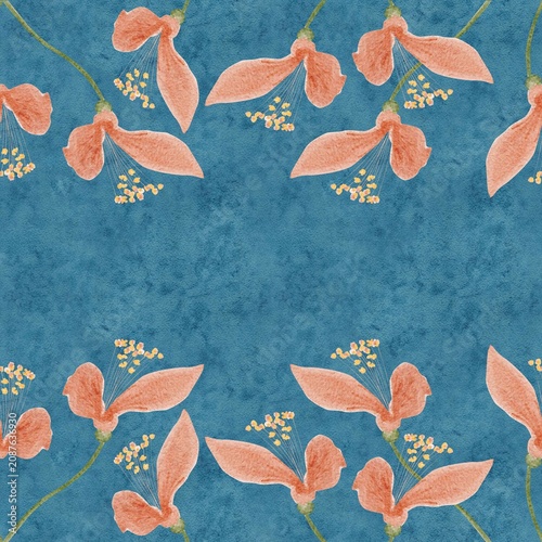 Seamless watercolor floral border, peach blossoms, delicate stems along the bottom edge on blue background. Elegant botanical design for wedding stationery, invitations, packaging, textiles and decor.