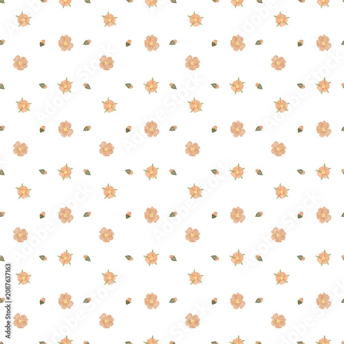 Seamless watercolor floral pattern, small peach blossoms scattered on white. Minimal botanical surface design for fashion textiles, fabric printing, packaging, stationery, modern lifestyle branding