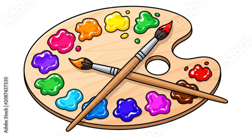 Cartoon illustration of a wooden artist palette with colorful paint and crossed brushes