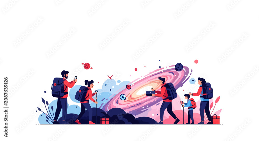 Obraz premium People exploring a colorful galaxy with backpacks and hiking poles.
