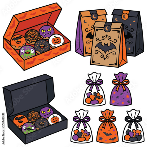 Cute halloween donuts gift box with sweet treat bags vector set