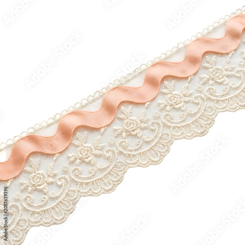 Elegant Floral Lace Trim with Peach Satin Ribbon Isolated on White Background