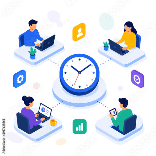 Remote Team Collaboration with Laptops and Clock.