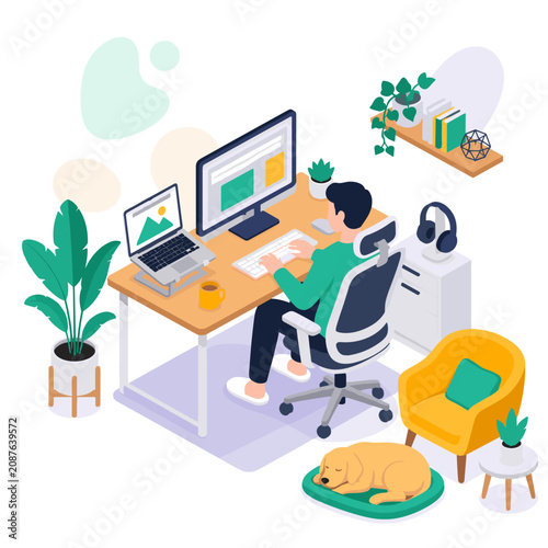 Person Working at Desk with Computers and Office Supplies.