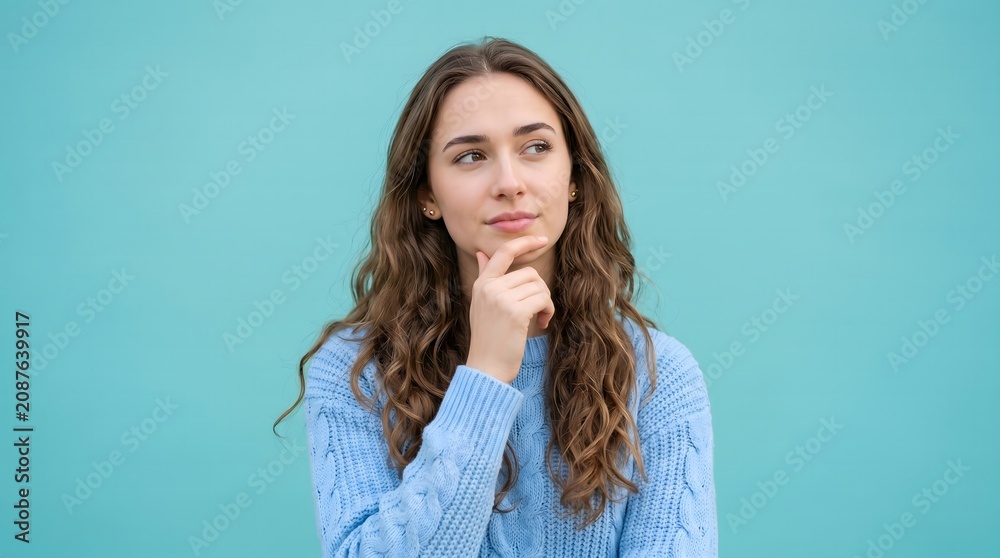 Obraz premium Thoughtful young woman in blue sweater on turquoise background