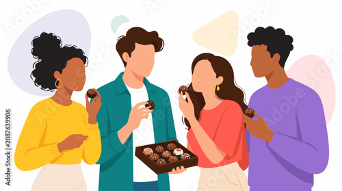 World Chocolate Day Celebrating Group of Friends Enjoying Chocolate Treats.