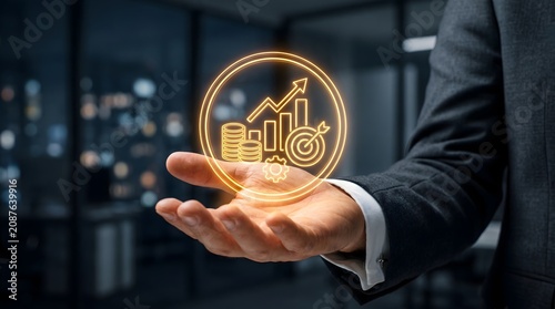 Businessman holding glowing financial hologram with chart coins and target for wealth management concept