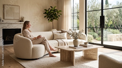 Woman relaxing on a modern curved sofa in a luxury minimalist living room