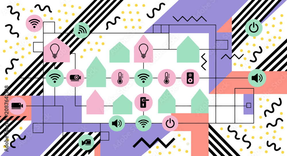 Obraz premium Smart home technology network diagram with icons and geometric shapes