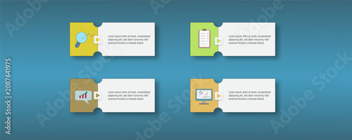 Modern business infographic card template with colorful ticket-style panels, flat icons, and clean layout. Ideal for presentations, workflow visualization, marketing, project planning, and business