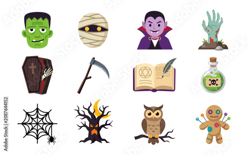 Halloween character and magic element icon set