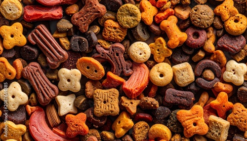 A close-up, top-down view of a variety of dry dog food kibble shapes and colors, including bone, star, and biscuit forms, offering a healthy meal