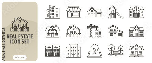 Fotografie Real estate icon set, thin line vector symbols for property, housing, building,