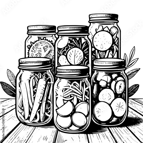 Vector Illustration of Glass Jar and Preserved Tomato Jars Set Isolated on White with Homemade Pickled Vegetables and Sweet Fruit Preserve in Glass Containers