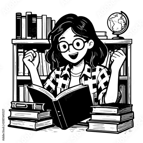Cute Cartoon Schoolgirl Reading a Book with Stack of Books Learning and Studying in Library Educational Vector Illustration for Children and Students