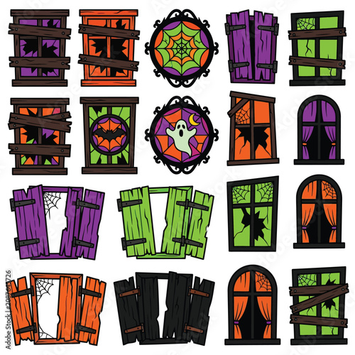 Spooky halloween window frames with stained glass and shutters vector set