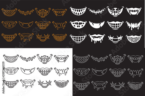Foto Spooky Halloween Monster Mouths Set Scary Vampire Teeth Vector