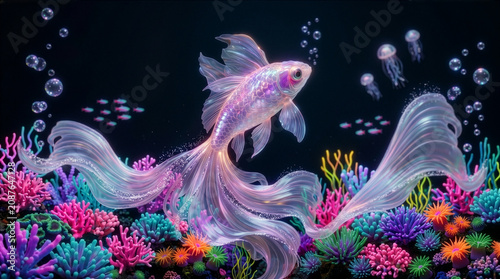 Magical Fantasy Betta Fish with Glowing Translucent Fins Swimming Among Colorful Coral Reef, Deep Sea Ocean Life 3D Render Wallpaper